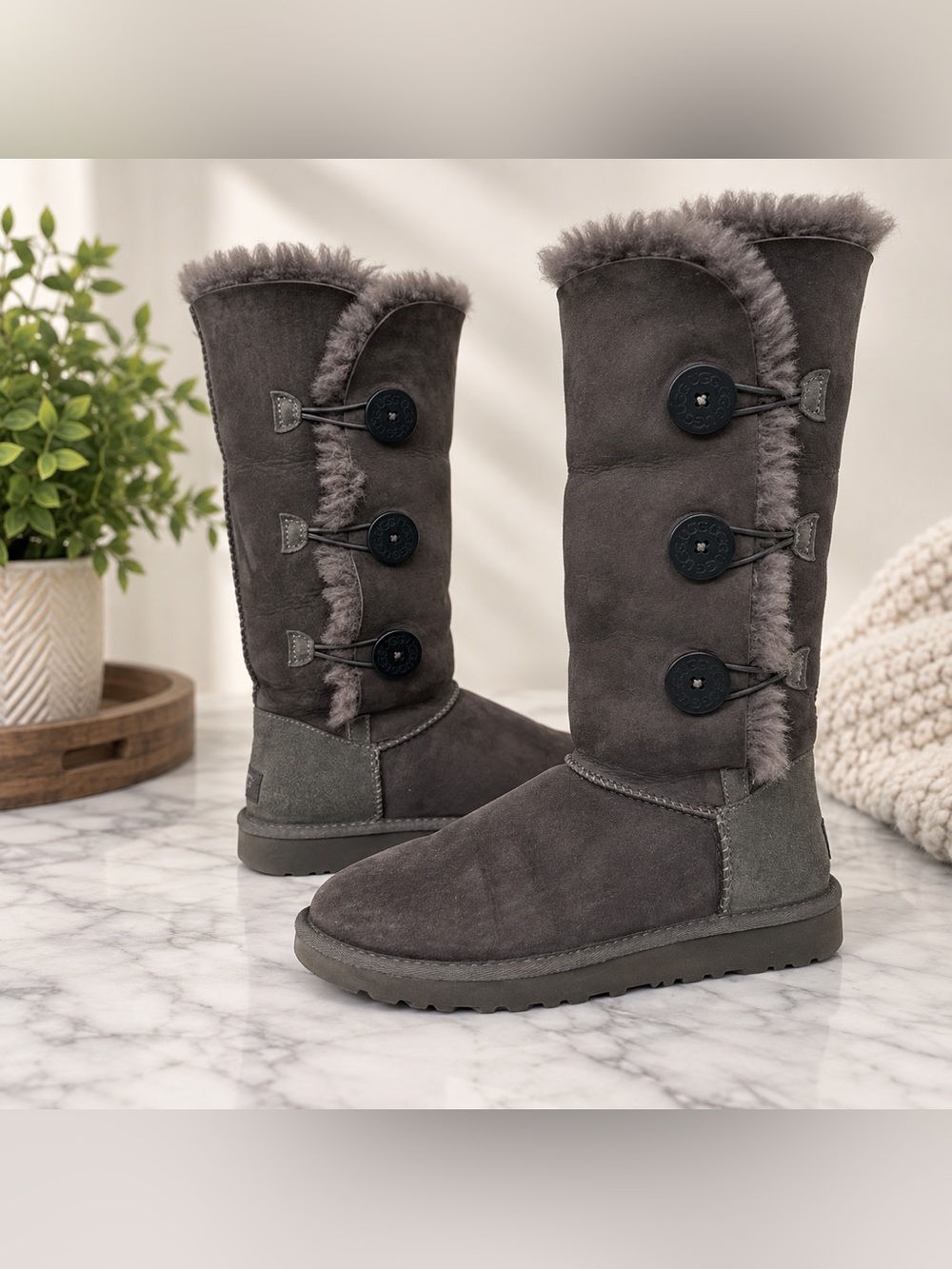 UGG Bailey Button Triplet Tall Sheepskin Boots Charcoal Gray Size 8